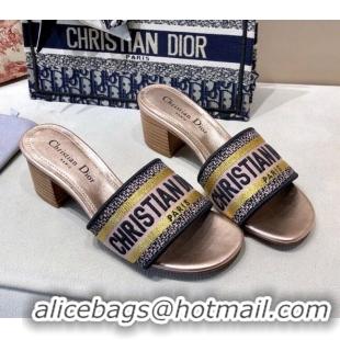 Luxury Dior Dway Embroidered Cotton Heel Slide Sandals 5cm Bronze Gold 010849