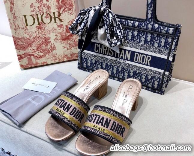 Luxury Dior Dway Embroidered Cotton Heel Slide Sandals 5cm Bronze Gold 010849