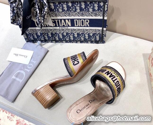 Luxury Dior Dway Embroidered Cotton Heel Slide Sandals 5cm Bronze Gold 010849