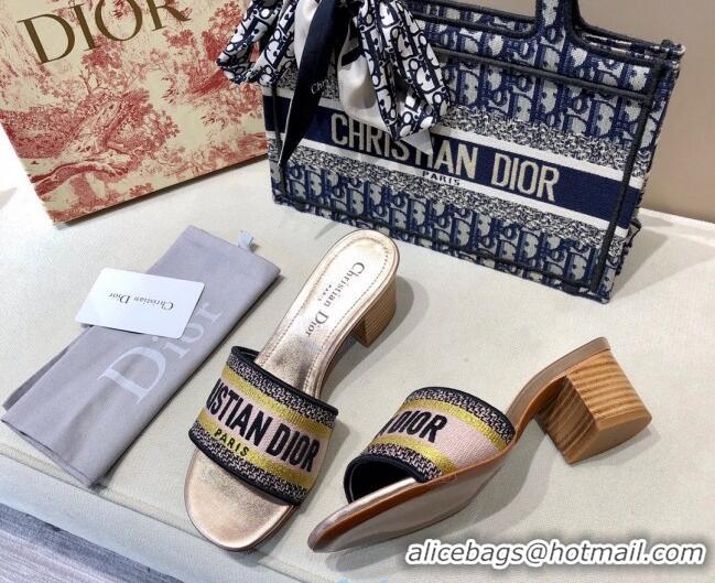 Luxury Dior Dway Embroidered Cotton Heel Slide Sandals 5cm Bronze Gold 010849