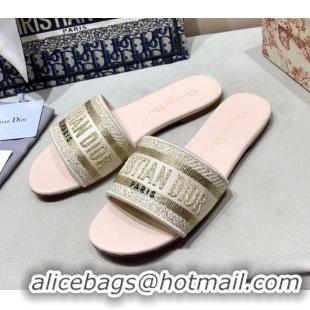 Popular Dior Dway Embroidered Cotton Flat Slide Sandals Gold-27 010858