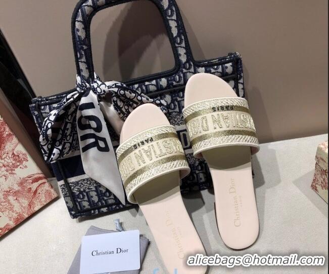 Popular Dior Dway Embroidered Cotton Flat Slide Sandals Gold-27 010858