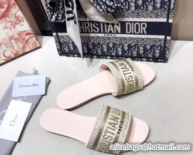 Popular Dior Dway Embroidered Cotton Flat Slide Sandals Gold-27 010858