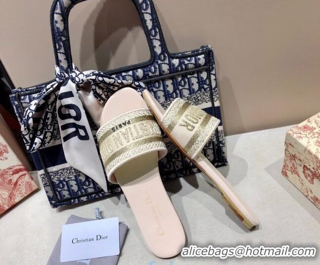 Popular Dior Dway Embroidered Cotton Flat Slide Sandals Gold-27 010858