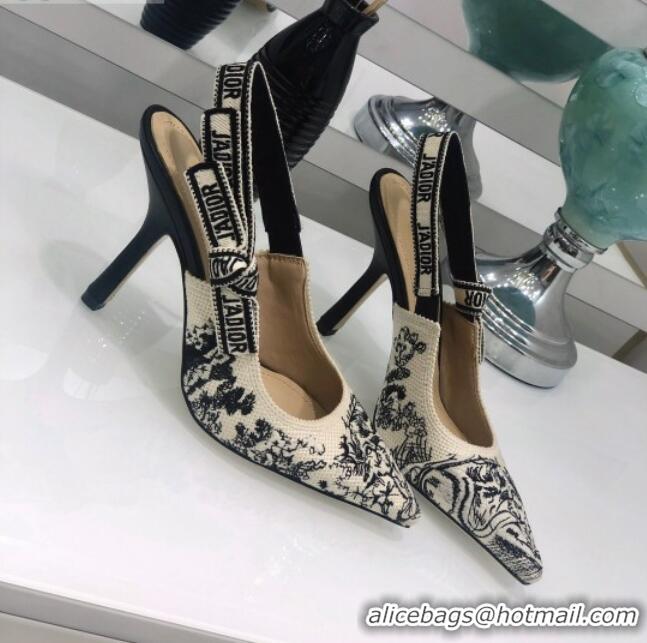 Good Product Dior J'Adior Slingback Pump Black and Ecru Embroidered Cotton 9.5cm Heel 126990