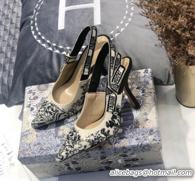 Good Product Dior J'Adior Slingback Pump Black and Ecru Embroidered Cotton 9.5cm Heel 126990