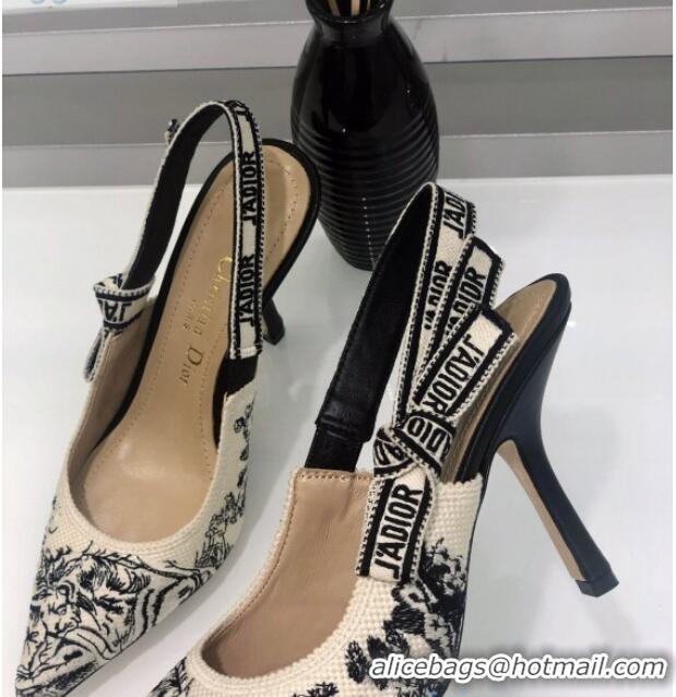 Good Product Dior J'Adior Slingback Pump Black and Ecru Embroidered Cotton 9.5cm Heel 126990