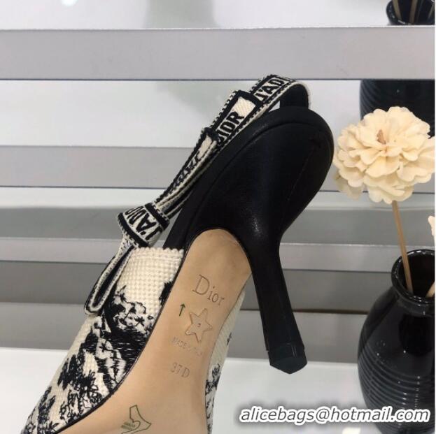 Good Product Dior J'Adior Slingback Pump Black and Ecru Embroidered Cotton 9.5cm Heel 126990