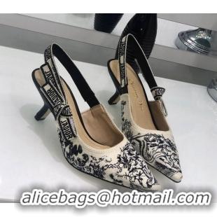 Best Luxury Dior J'Adior Slingback Pump in Black and Ecru Embroidered Cotton 6.5cm Heel 126990