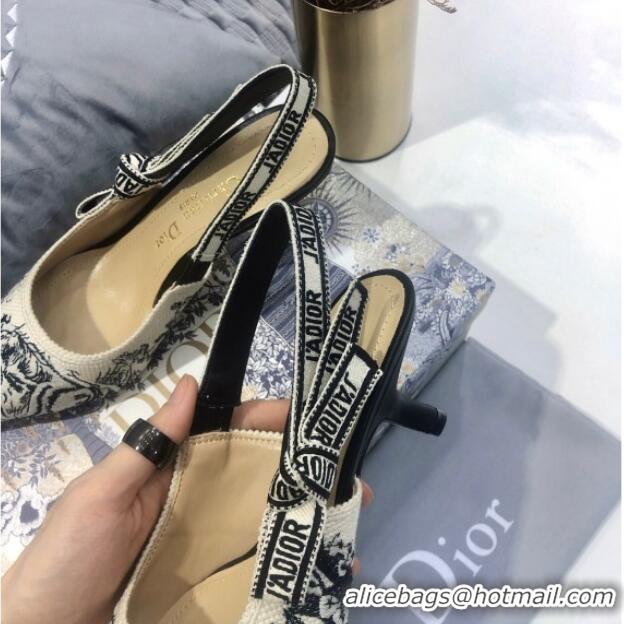 Best Luxury Dior J'Adior Slingback Pump in Black and Ecru Embroidered Cotton 6.5cm Heel 126990