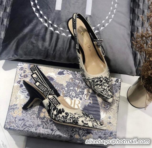 Best Luxury Dior J'Adior Slingback Pump in Black and Ecru Embroidered Cotton 6.5cm Heel 126990