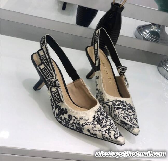 Best Luxury Dior J'Adior Slingback Pump in Black and Ecru Embroidered Cotton 6.5cm Heel 126990