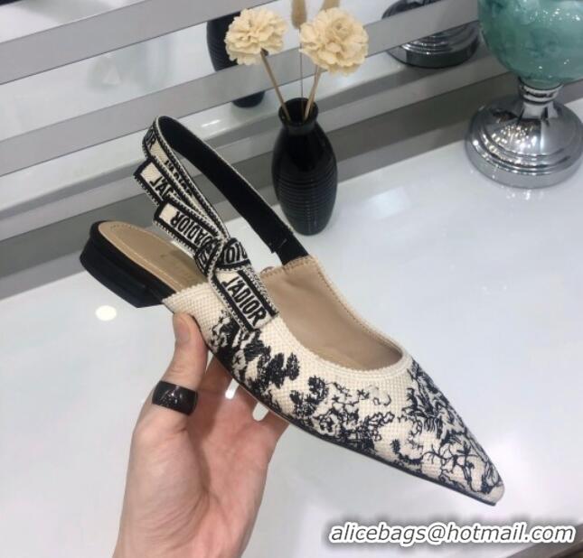 Good Quality Dior J'Adior Slingback Ballerina Flat in Black and Ecru Embroidered Cotton 126990