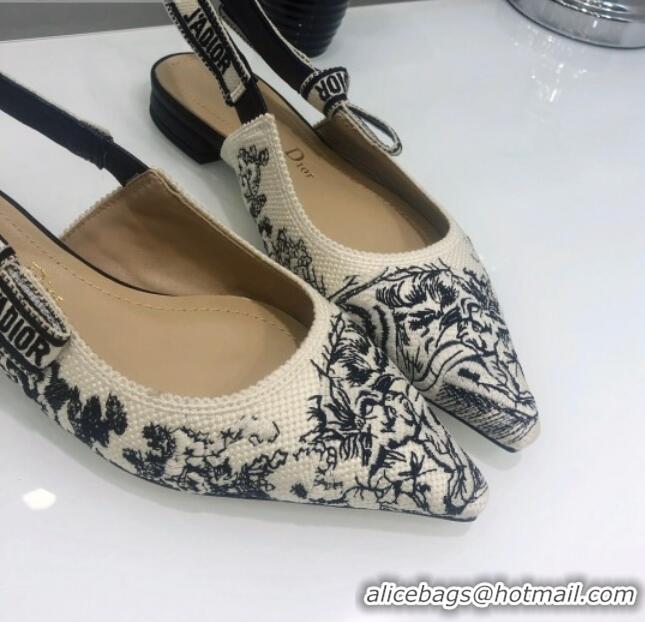 Good Quality Dior J'Adior Slingback Ballerina Flat in Black and Ecru Embroidered Cotton 126990