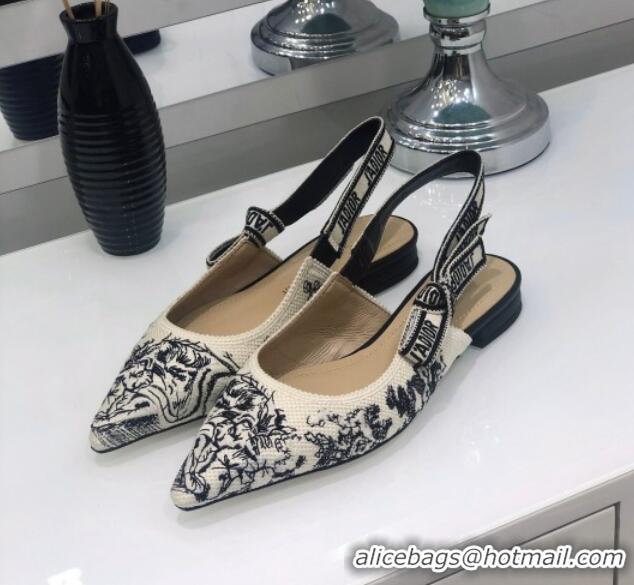 Good Quality Dior J'Adior Slingback Ballerina Flat in Black and Ecru Embroidered Cotton 126990