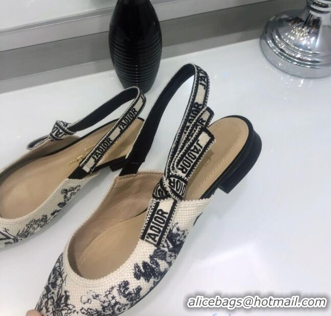 Good Quality Dior J'Adior Slingback Ballerina Flat in Black and Ecru Embroidered Cotton 126990