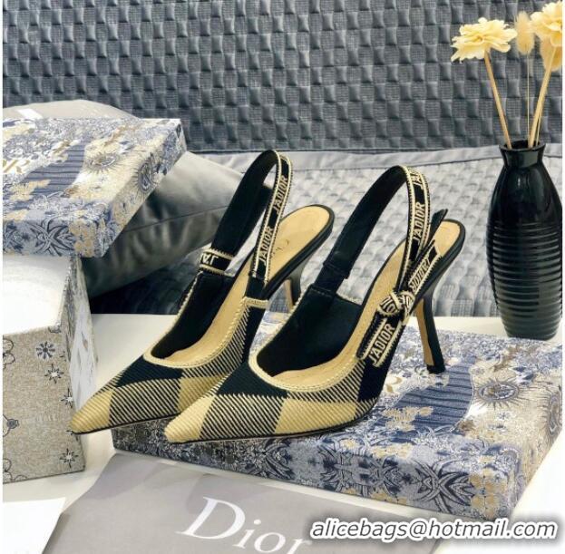 New Style Dior J'Adior Slingback Pump in Check'N'Dior Embroidered Cotton with 9.5cm Heel Black/Beige 012797