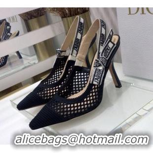 Top Quality Dior J'Adior Slingback Pumps 9.5cm in Black Mesh Embroidery 022504