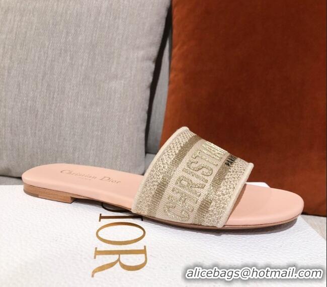 New Design Dior Dway Embroidered Cotton Flat Slide Sandals Pink/Beige 031156