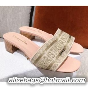 Cute Dior Dway Embroidered Cotton Heel Slide Sandals 5cm Pink/Beige 031157