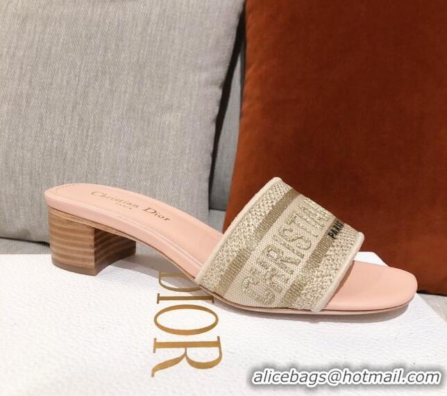 Cute Dior Dway Embroidered Cotton Heel Slide Sandals 5cm Pink/Beige 031157