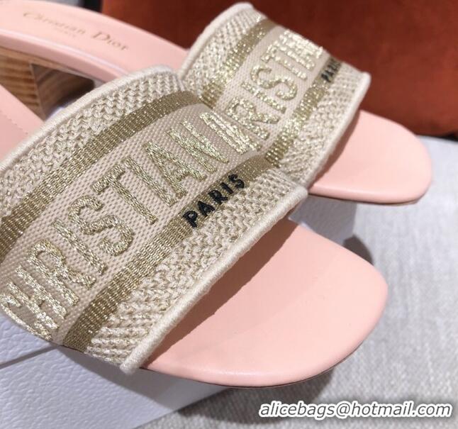 Cute Dior Dway Embroidered Cotton Heel Slide Sandals 5cm Pink/Beige 031157