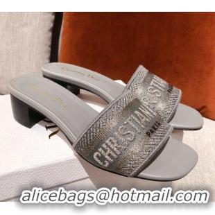 Low Price Dior Dway Embroidered Cotton Heel Slide Sandals 5cm Grey 031159