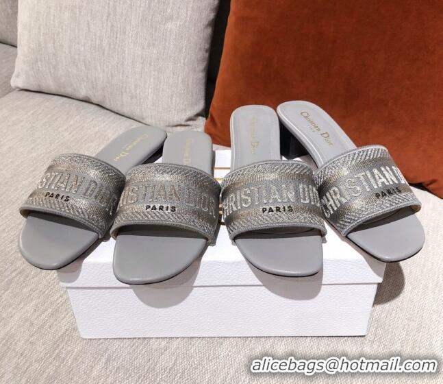 Low Price Dior Dway Embroidered Cotton Heel Slide Sandals 5cm Grey 031159