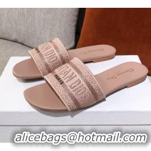 New Style Dior Dway Embroidered Cotton Flat Slide Sandals Light Pink 031160