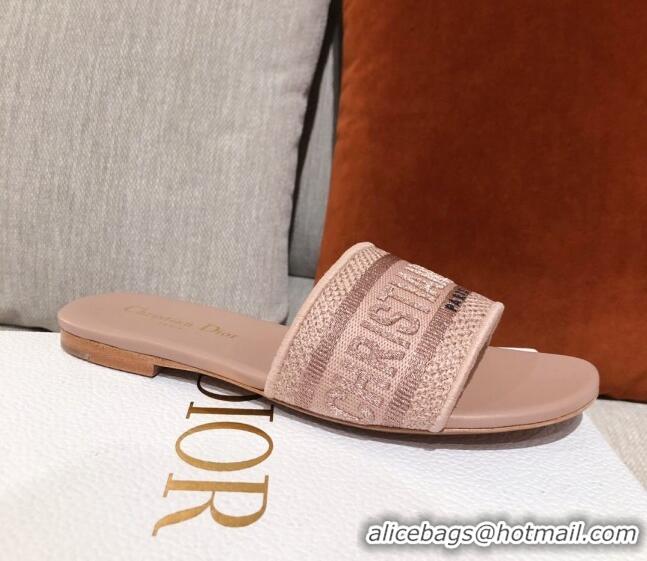 New Style Dior Dway Embroidered Cotton Flat Slide Sandals Light Pink 031160