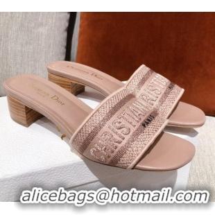 Elegant Dior Dway Embroidered Cotton Heel Slide Sandals 5cm Light Pink 031161