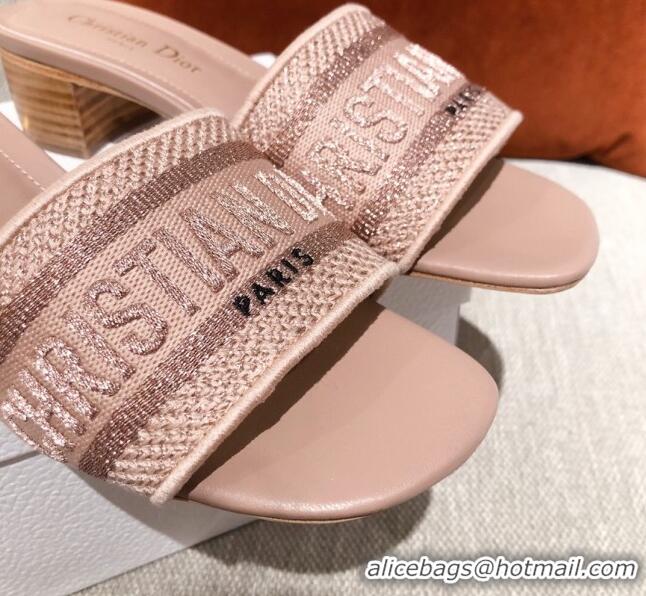 Elegant Dior Dway Embroidered Cotton Heel Slide Sandals 5cm Light Pink 031161