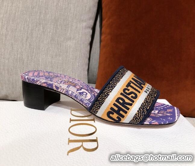 Top Grade Dior Dway Embroidered Cotton Heel Slide Sandals 5cm Purple/Beige 031167