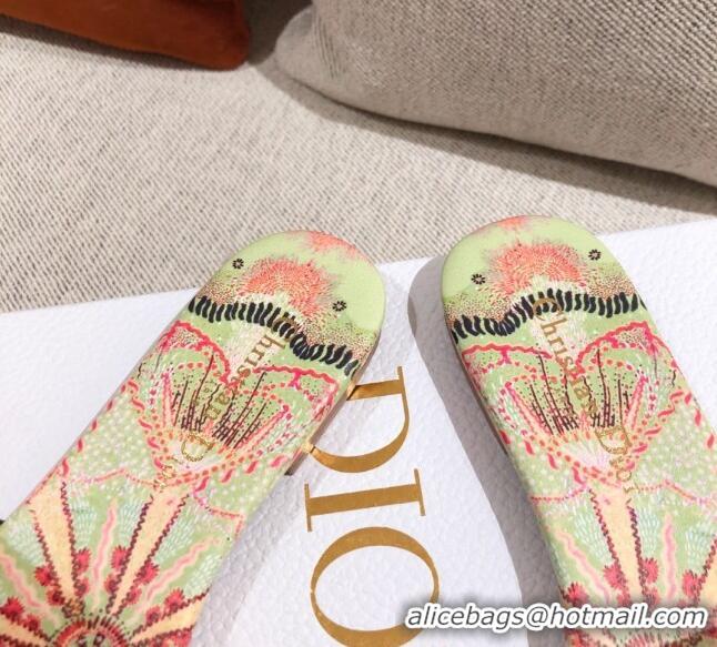 Low Price Dior Dway Embroidered Cotton Flat Slide Sandals Green/Pink 031170