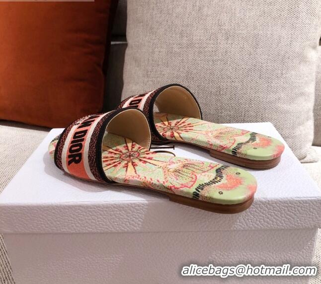 Low Price Dior Dway Embroidered Cotton Flat Slide Sandals Green/Pink 031170