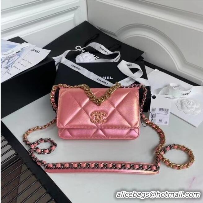 Best Discount Chanel 19 Iridescent Calfskin Chain Wallet AP0957 pink