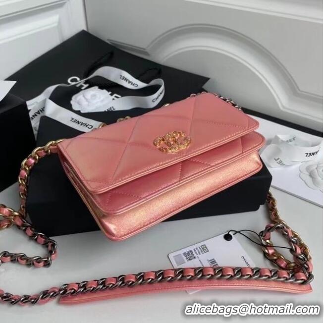 Best Discount Chanel 19 Iridescent Calfskin Chain Wallet AP0957 pink