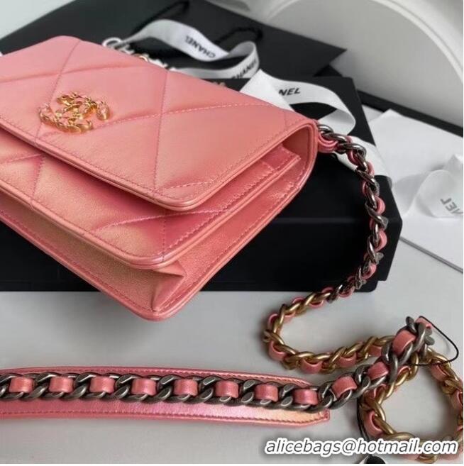 Best Discount Chanel 19 Iridescent Calfskin Chain Wallet AP0957 pink