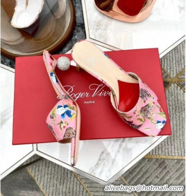 Most Popular Roger Vivier Fabric Vivier Marlene Strass Mules Sandals With boule Heel Pink 052513