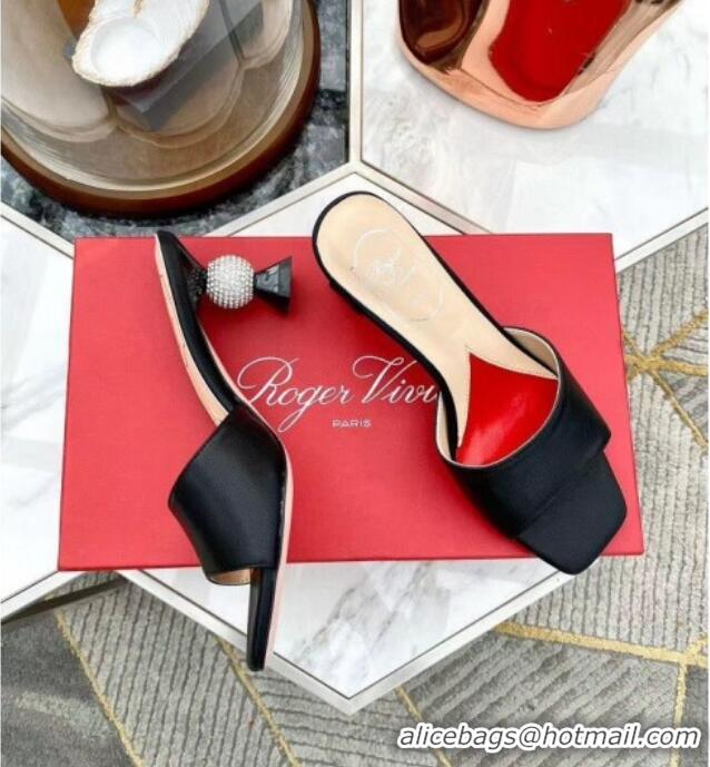 Popular Style Roger Vivier Leather Vivier Marlene Strass Mules Sandals With boule Heel Black 052515