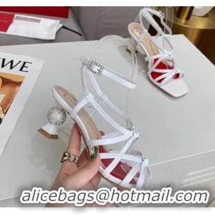 Top Quality Roger Vivier Leather Vivier Marlene Strass Sandals With Boule Heel 052517 White