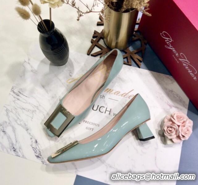 New Style Roger Vivier Patent Leather Trapeze Metal Buckle Pumps 052521 Light Green