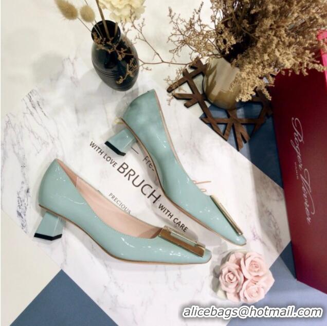 New Style Roger Vivier Patent Leather Trapeze Metal Buckle Pumps 052521 Light Green