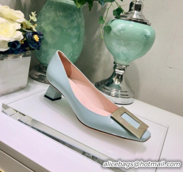 New Style Roger Vivier Patent Leather Trapeze Metal Buckle Pumps 052521 Light Green