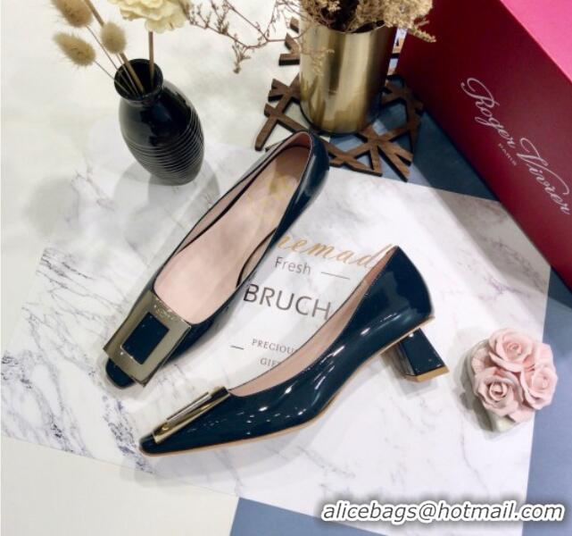 Low Cost Roger Vivier Patent Leather Trapeze Metal Buckle Pumps 052521 Deep Blue