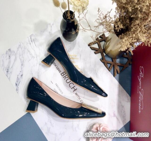 Low Cost Roger Vivier Patent Leather Trapeze Metal Buckle Pumps 052521 Deep Blue