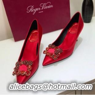 Most Popular Roger Vivier Silk Flower Strass Pumps With 7cm Heel Red 052602