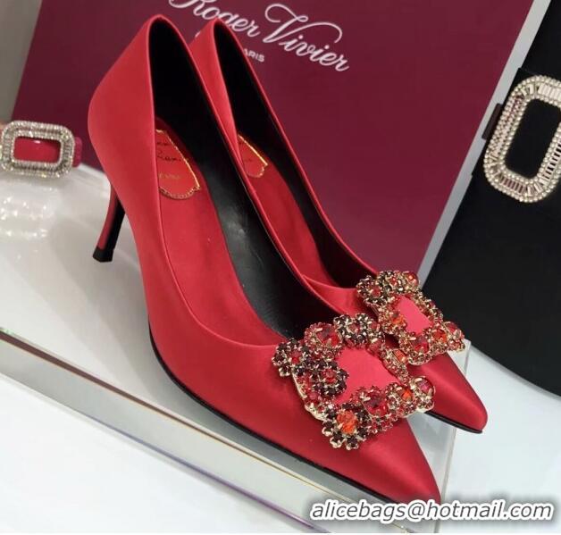 Most Popular Roger Vivier Silk Flower Strass Pumps With 7cm Heel Red 052602