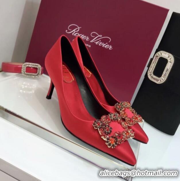 Most Popular Roger Vivier Silk Flower Strass Pumps With 7cm Heel Red 052602