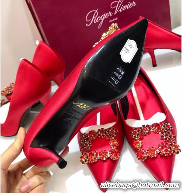 Most Popular Roger Vivier Silk Flower Strass Pumps With 7cm Heel Red 052602